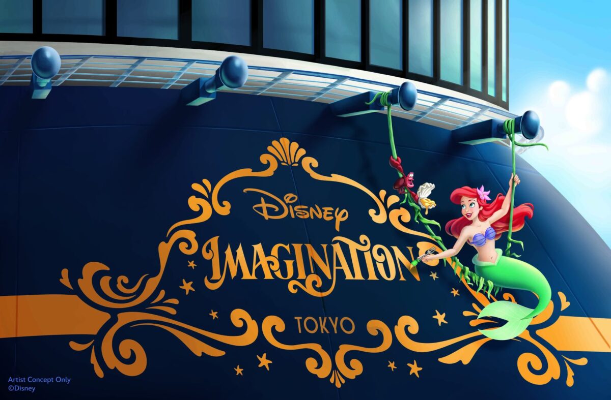 rendering of ariel the little mermaid with sebastian on back of disney imagination ship coming to tokyo