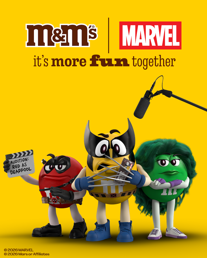 Three M&M characters dressed as Marvel heroes against a yellow background, with a microphone above and text reading it's more fun together.