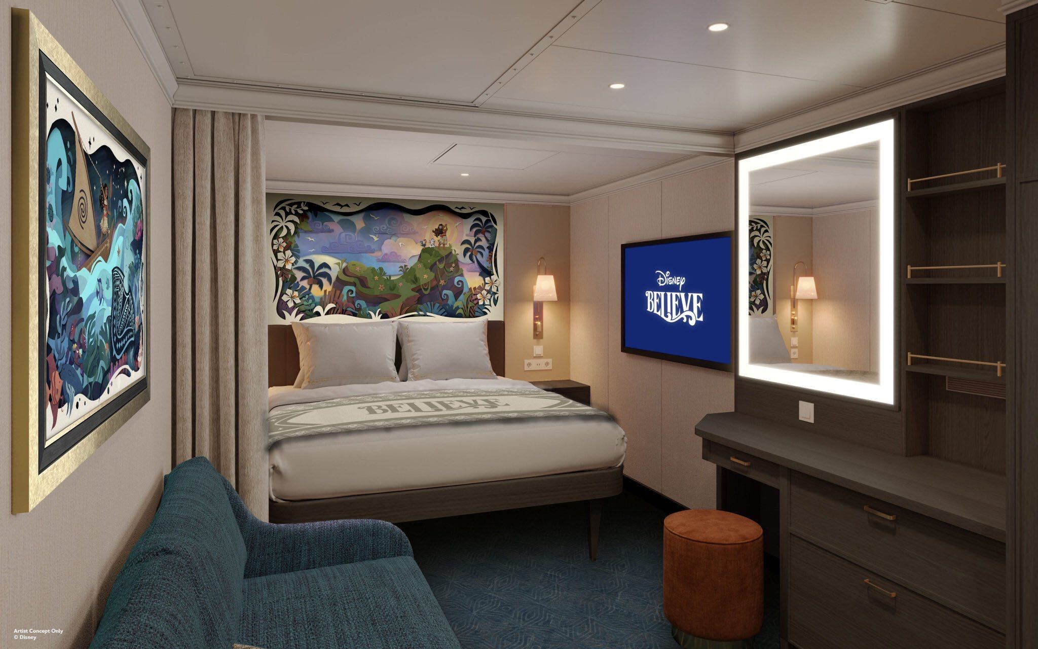 Moana themed inside stateroom rendering Disney Believe 