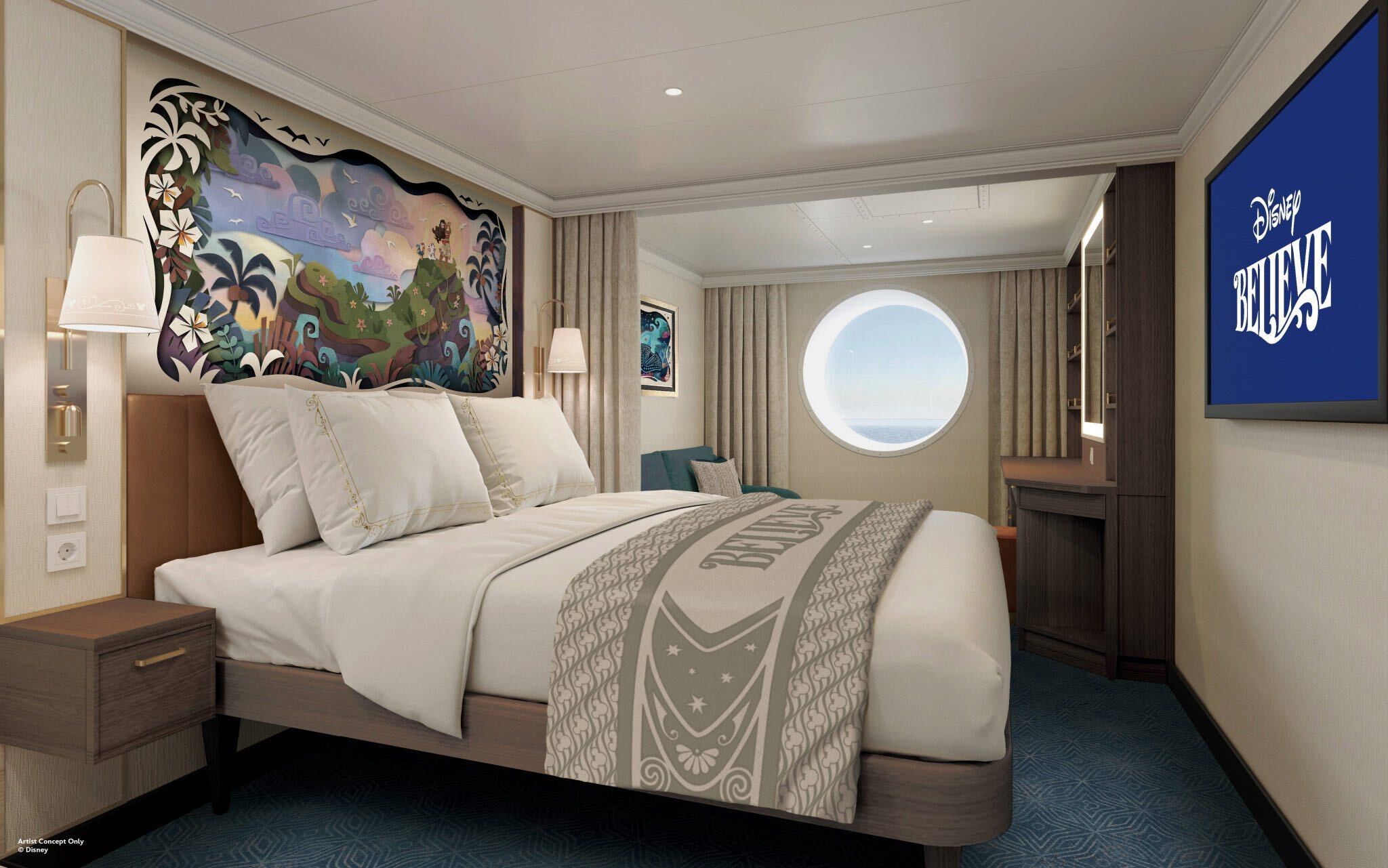 Moana themed oceanview stateroom rendering Disney Believe 