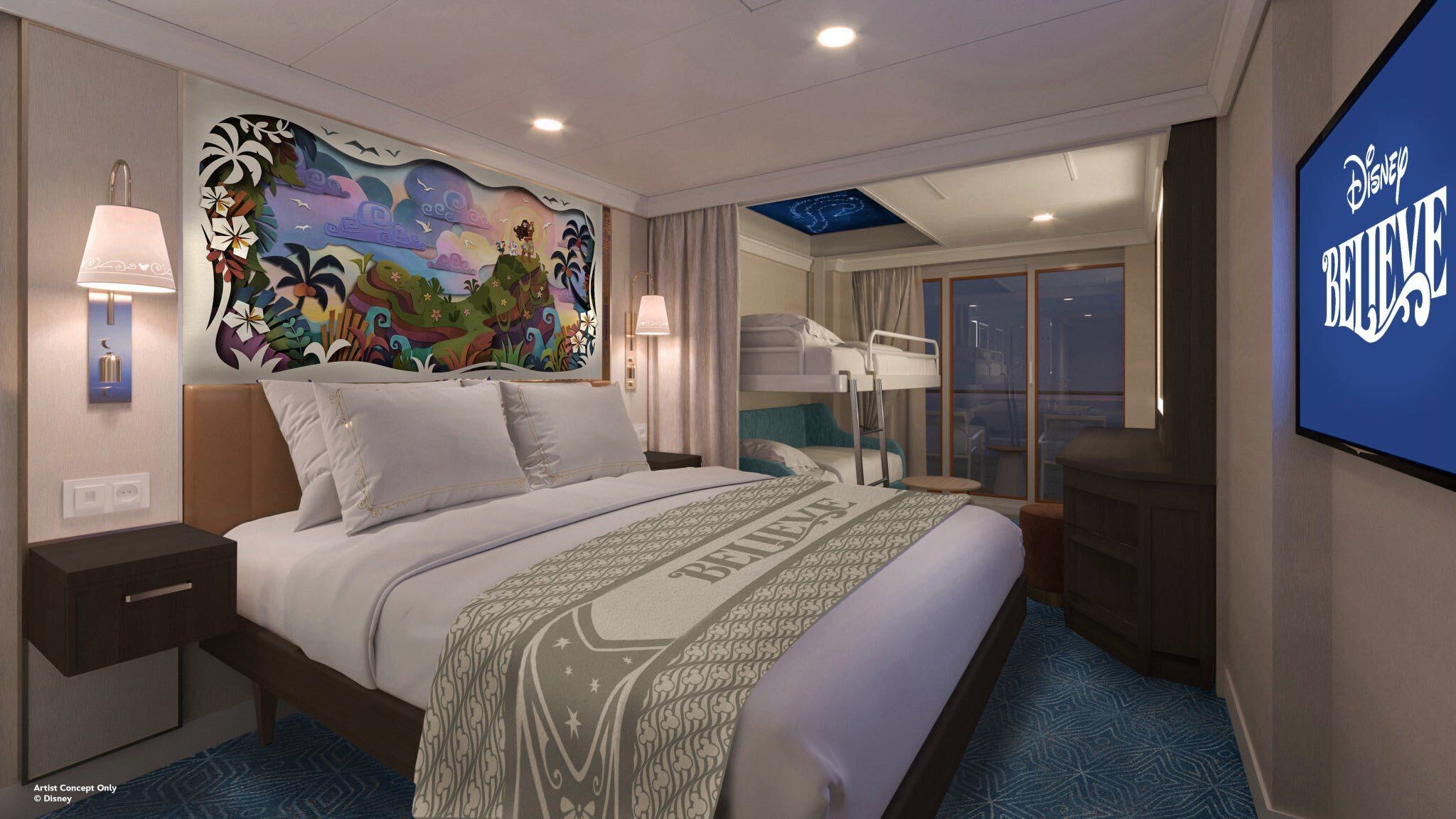 Moana themed oceanview veranda stateroom rendering for Disney Believe.