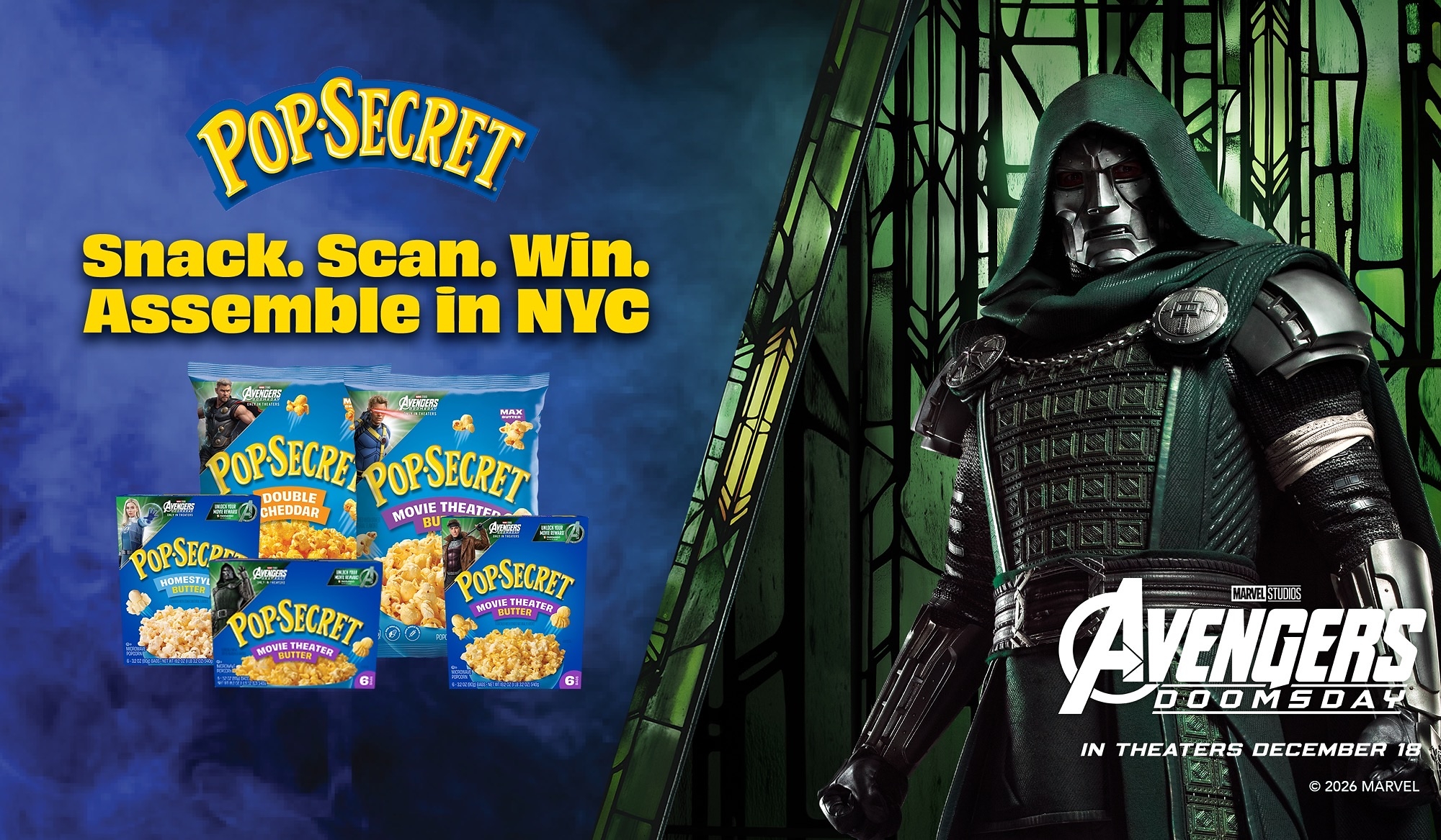 Pop Secret Avenger Doomsday promotional image showing Pop Secret popcorn boxes featuring Avengers branding next to Doctor Doom in a green hooded cloak and metallic armor.