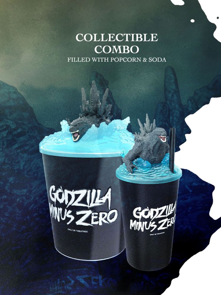 Regal Godzilla popcorn bucket and aqua cup promotional image