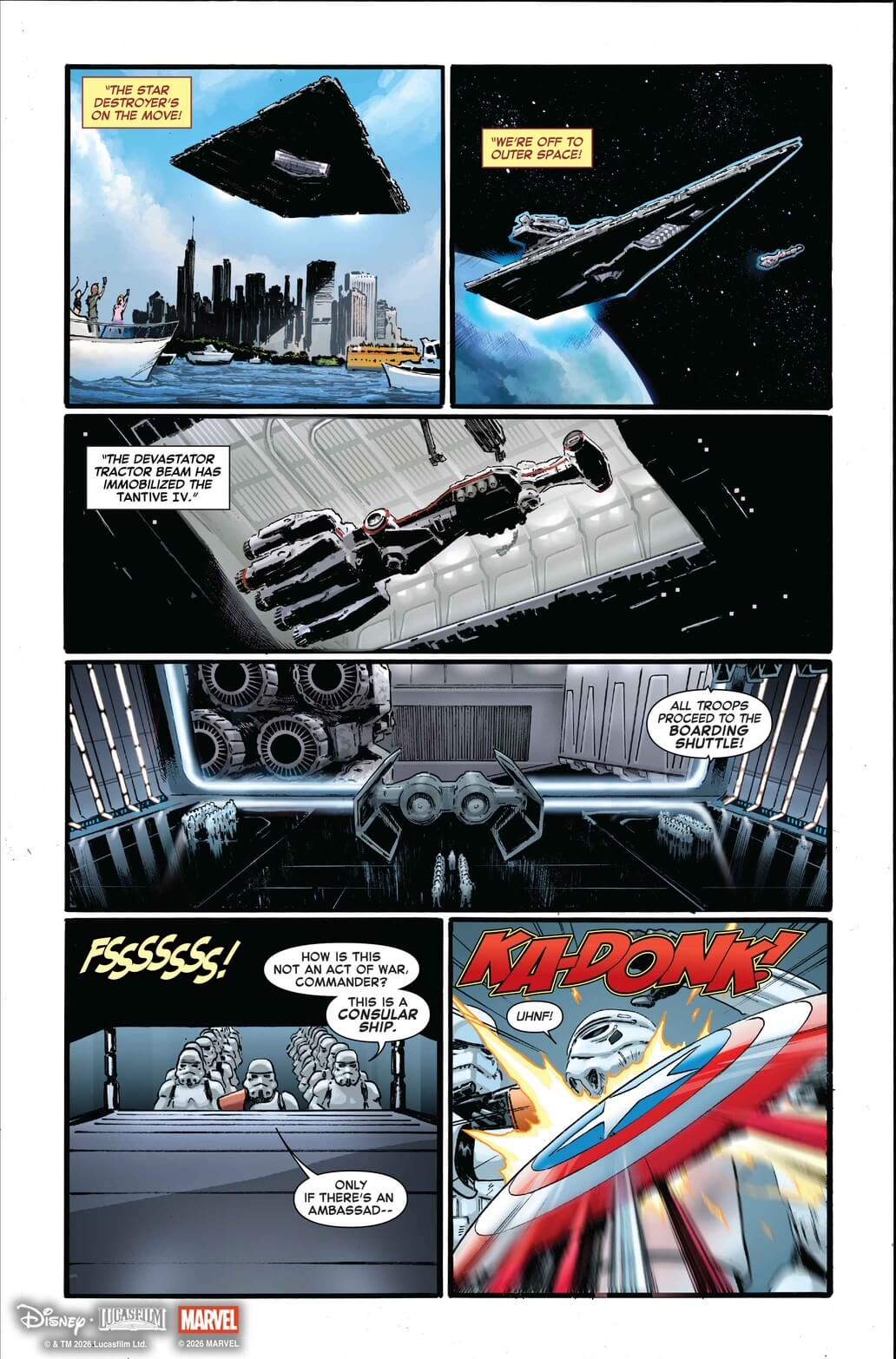 Preview of Marvel and Star Wars collab comic with Avengers battling Stormtroopers in hangar bay of star destroyer