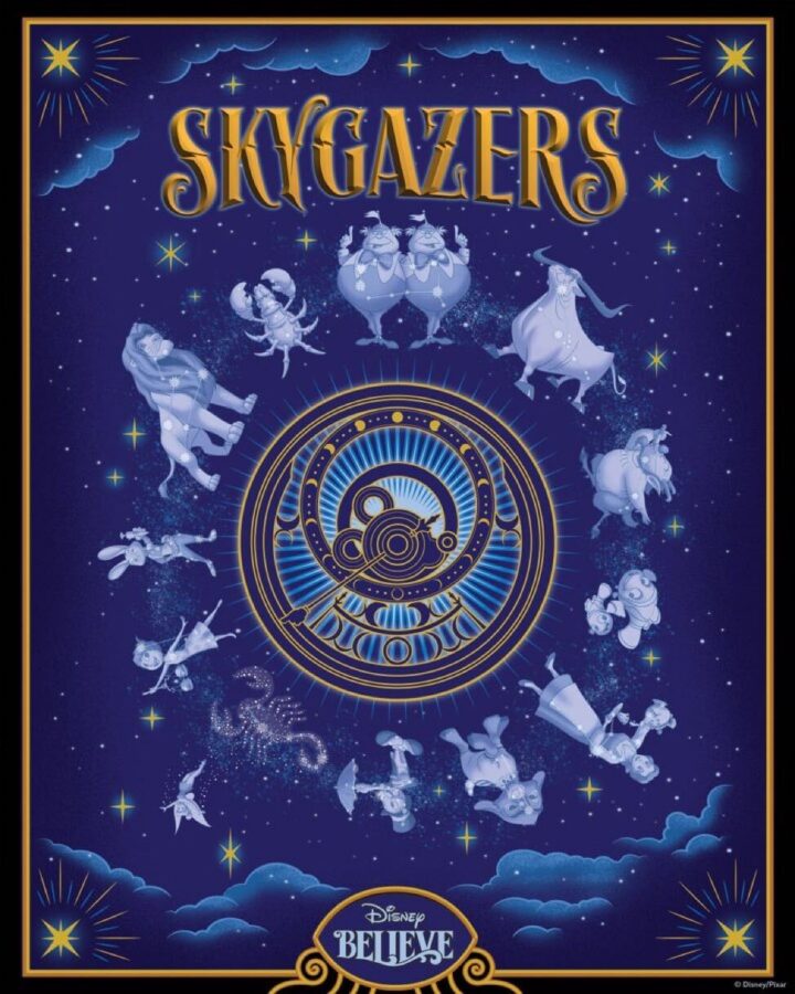 Skygazers pub poster rendering with Disney characters as zodiac signs