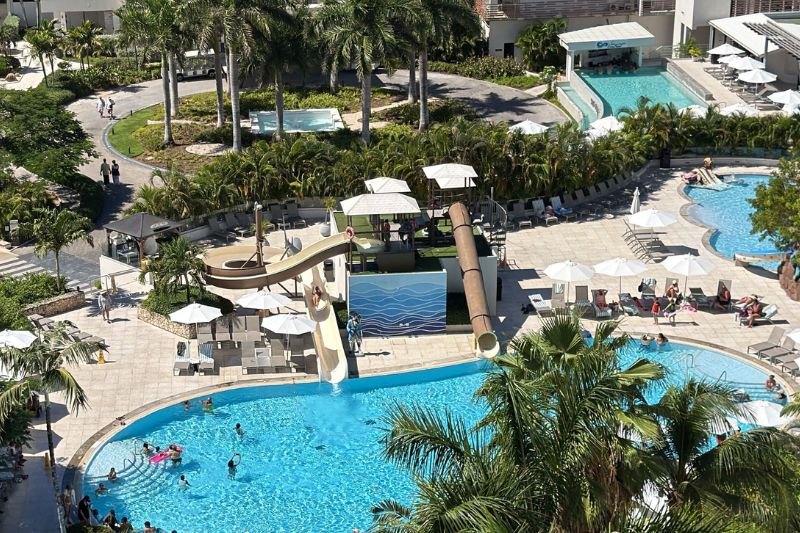 Sonesta Maho Beach pool seen from higher floor