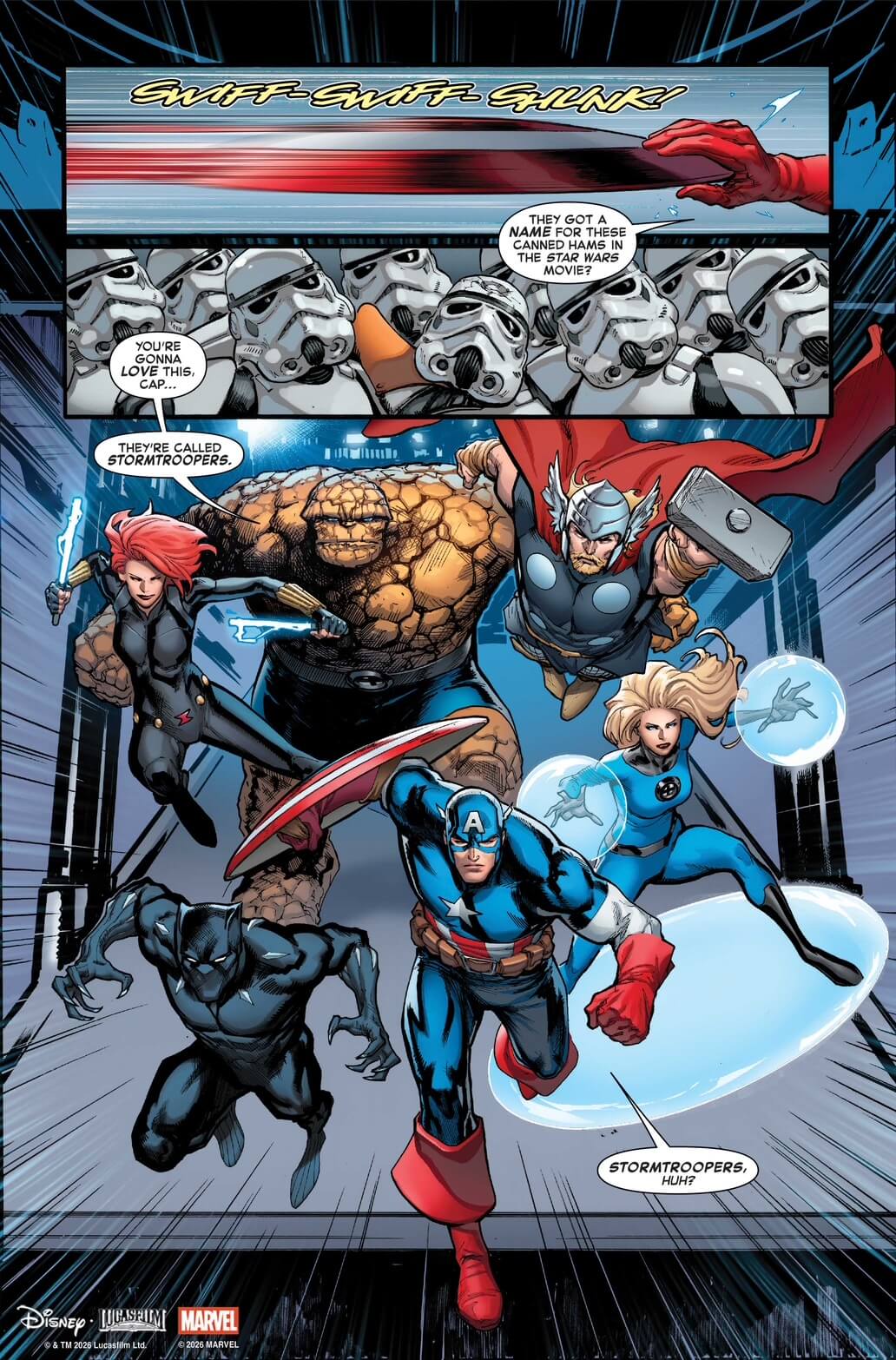 Preview of Marvel and Star Wars collab comic with Avengers battling Stormtroopers