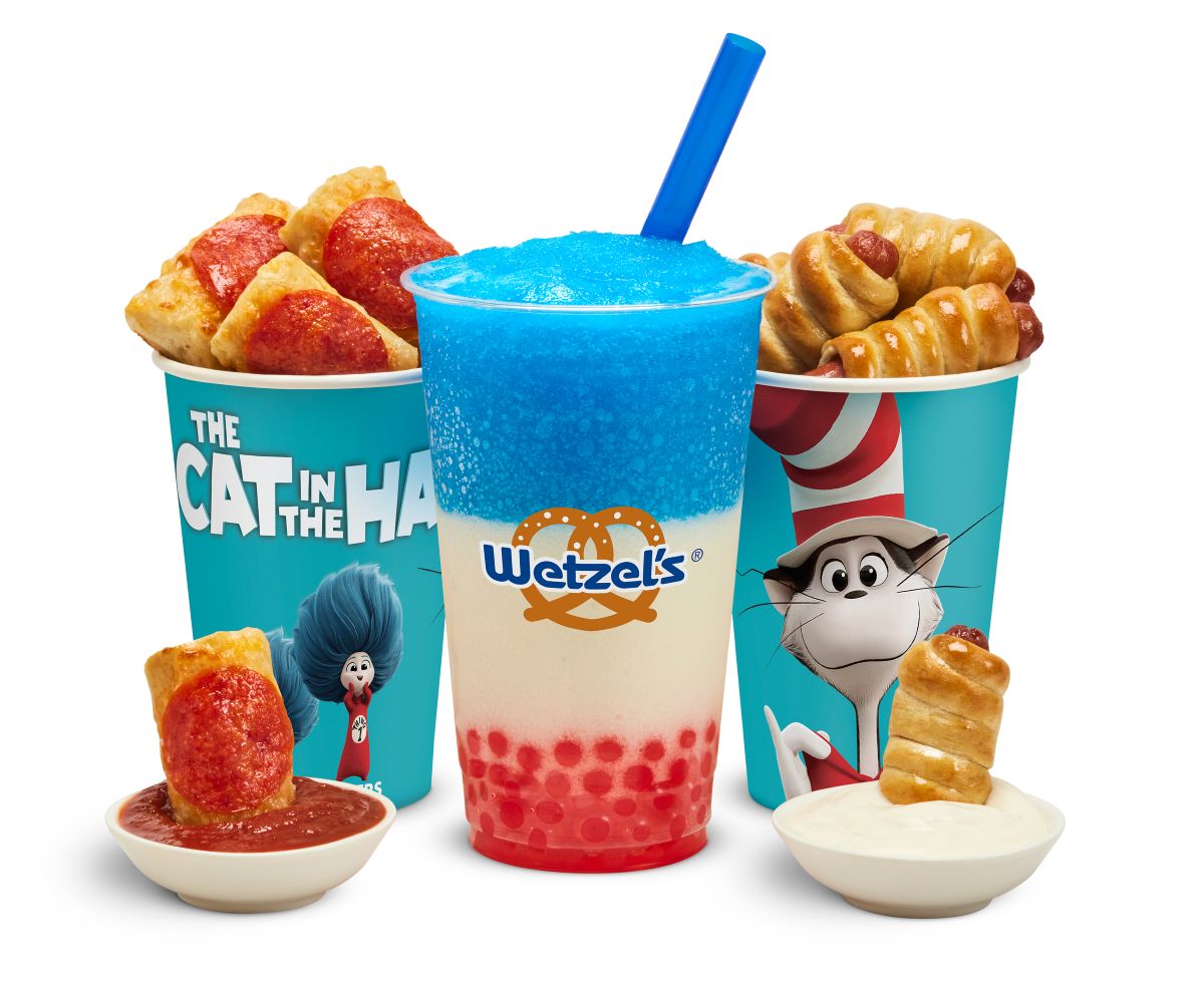 Wetzel's Pretzels Cat in the Hat Lemonade Freeze drink alongside pepperoni bite and pretzel dog cups with dipping sauces.