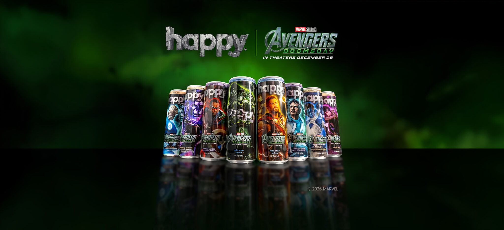 A collection of Happy brand coffee cans featuring Marvel's Avengers: Doomsday characters, arranged on a reflective surface against a green background.